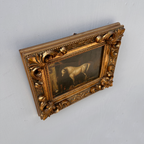 Vintage Horse Oil Painting | Baroque Carved Gold Frame | Mid-20th Century Artwork 26x21cm