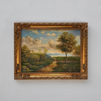 Vintage European Countryside Oil Painting, Rural Landscape with Tree and Country Road