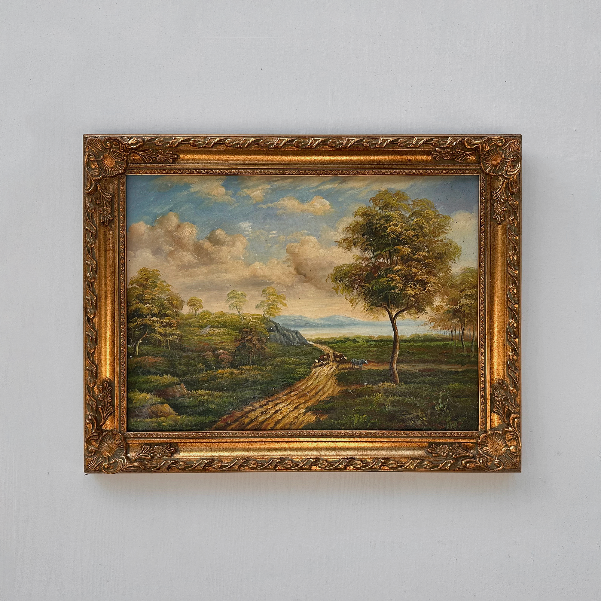 Vintage European Countryside Oil Painting, Rural Landscape with Tree and Country Road
