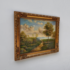Vintage European Countryside Oil Painting, Rural Landscape with Tree and Country Road