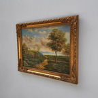Vintage European Countryside Oil Painting, Rural Landscape with Tree and Country Road