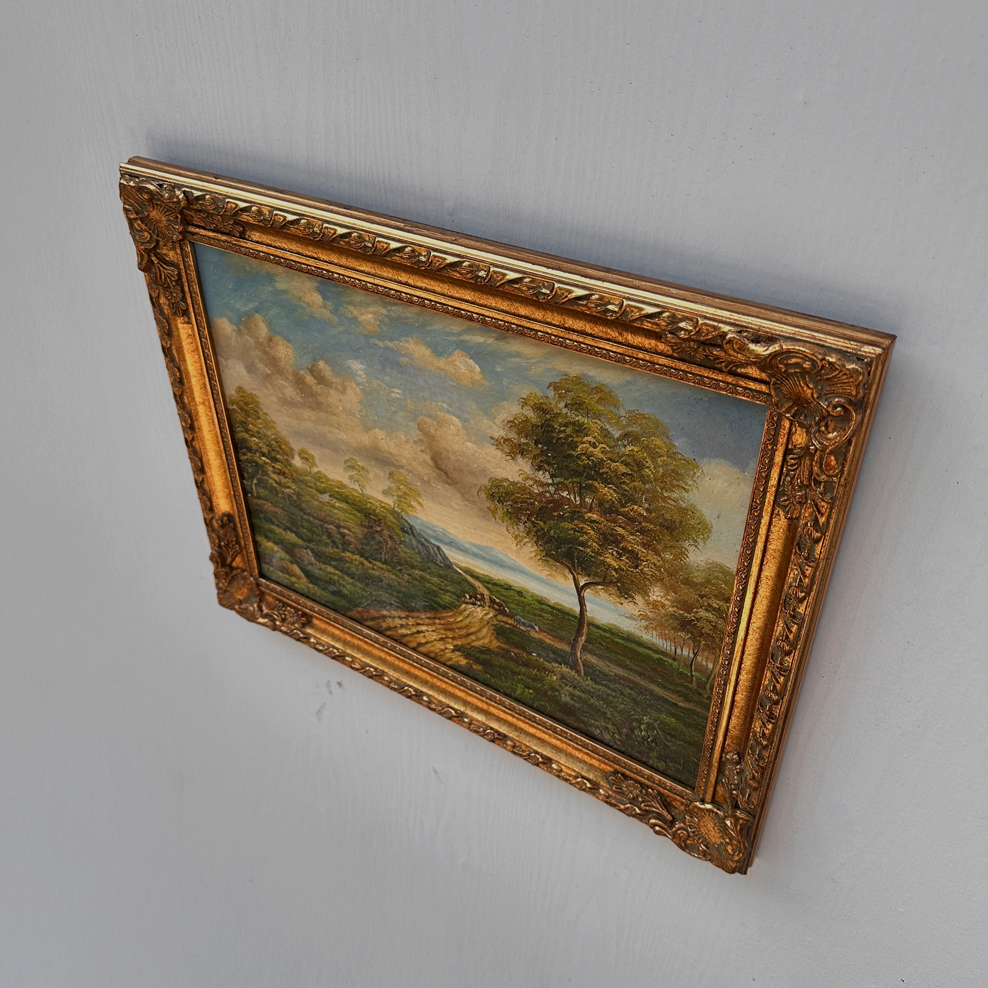 Vintage European Countryside Oil Painting, Rural Landscape with Tree and Country Road