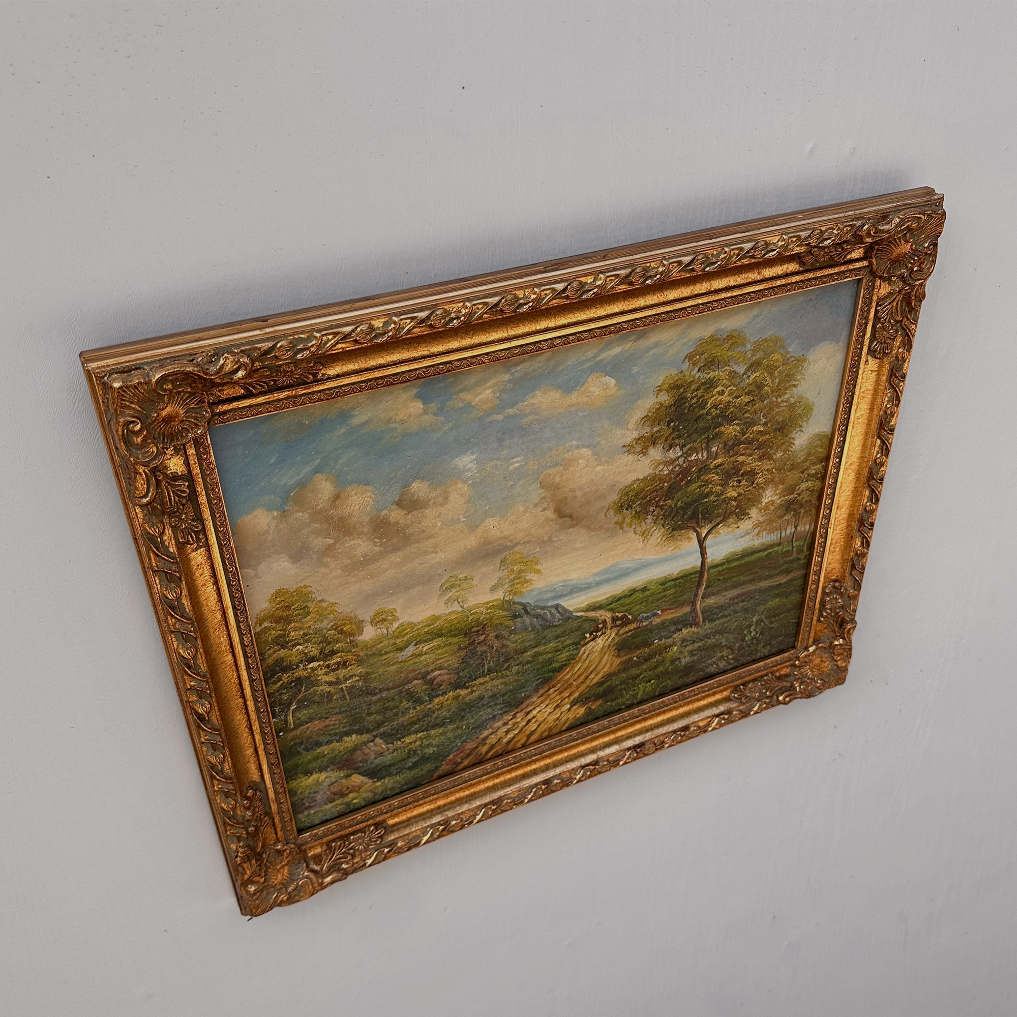 Vintage European Countryside Oil Painting, Rural Landscape with Tree and Country Road