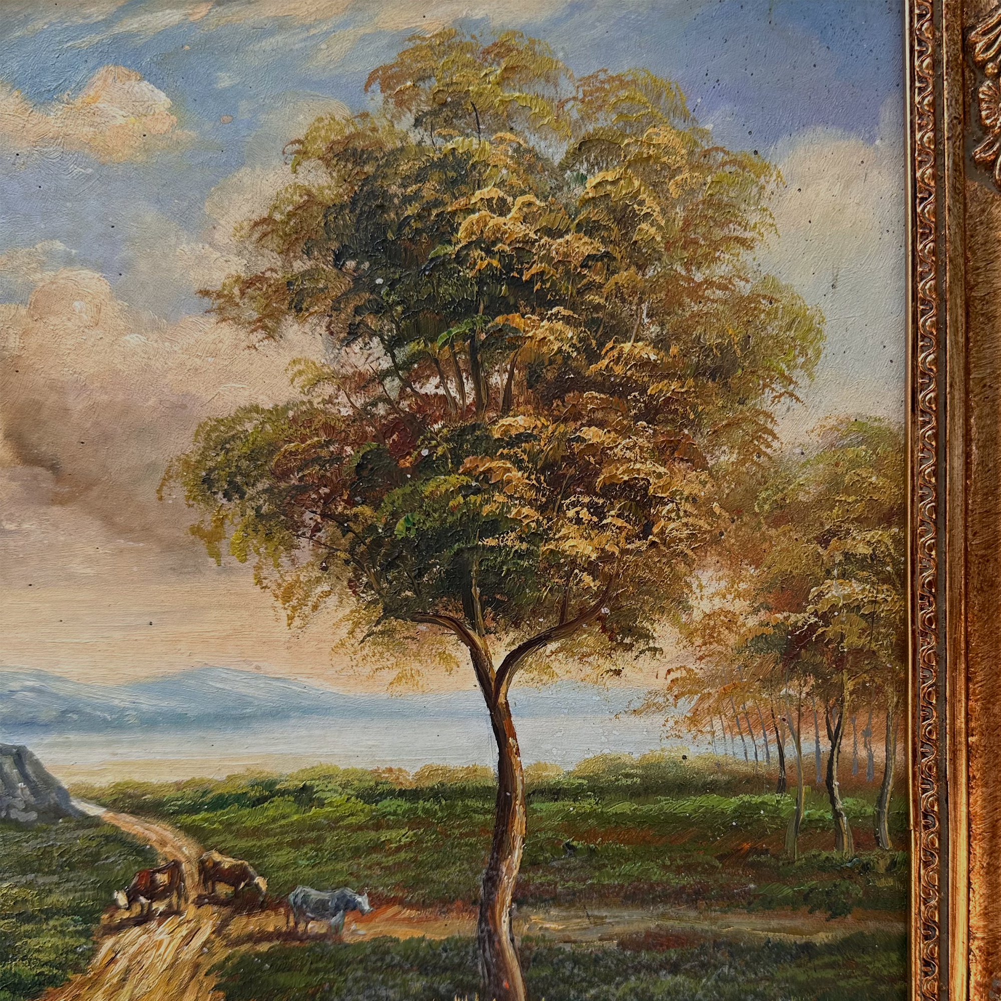 Vintage European Countryside Oil Painting, Rural Landscape with Tree and Country Road