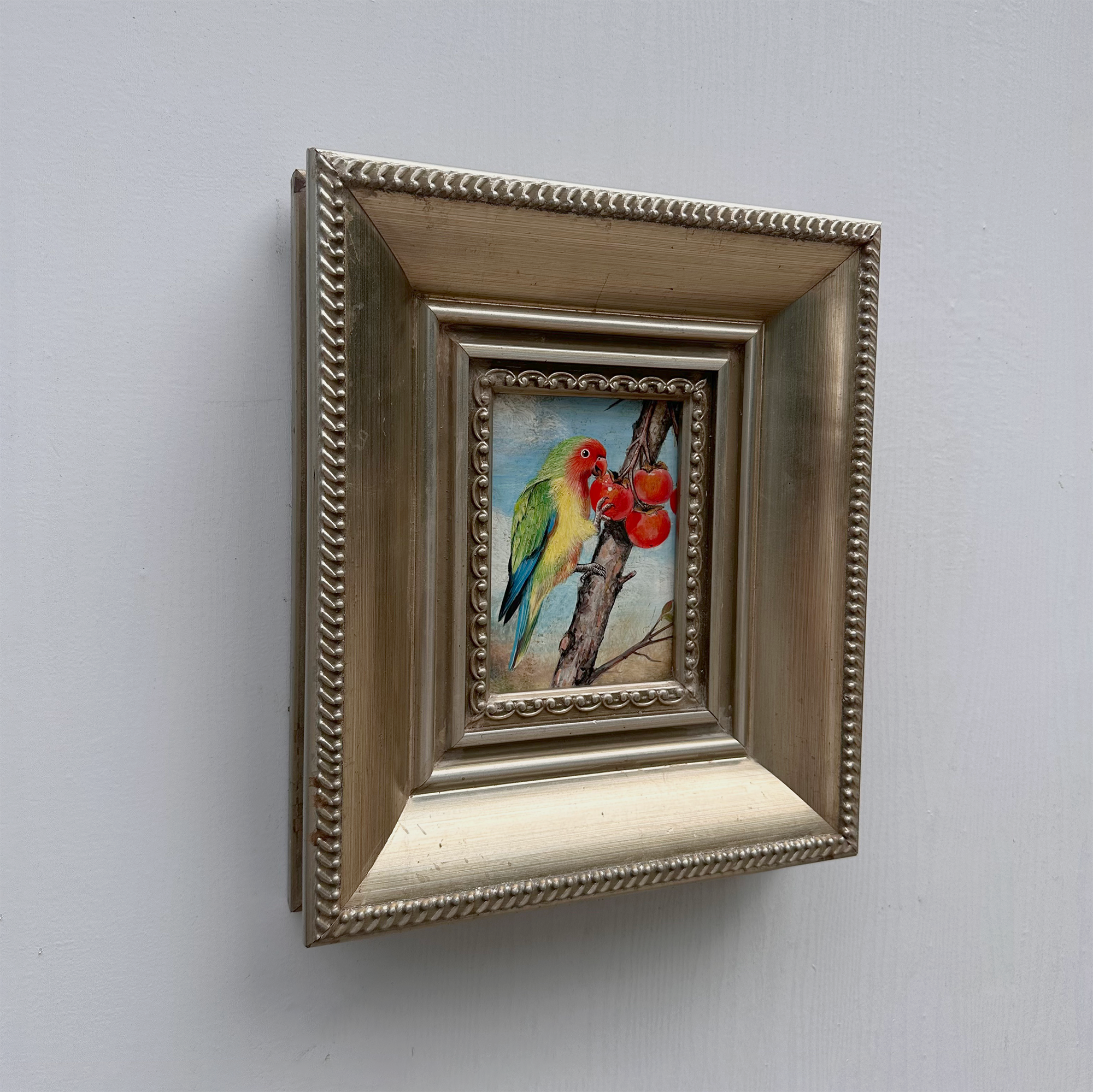 Original Hand Painted Parrot Artwork, Classical Bird Painting with Vintage Frame