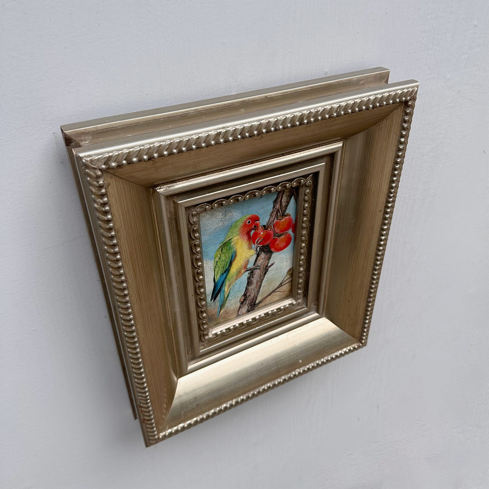 Original Hand Painted Parrot Artwork, Classical Bird Painting with Vintage Frame