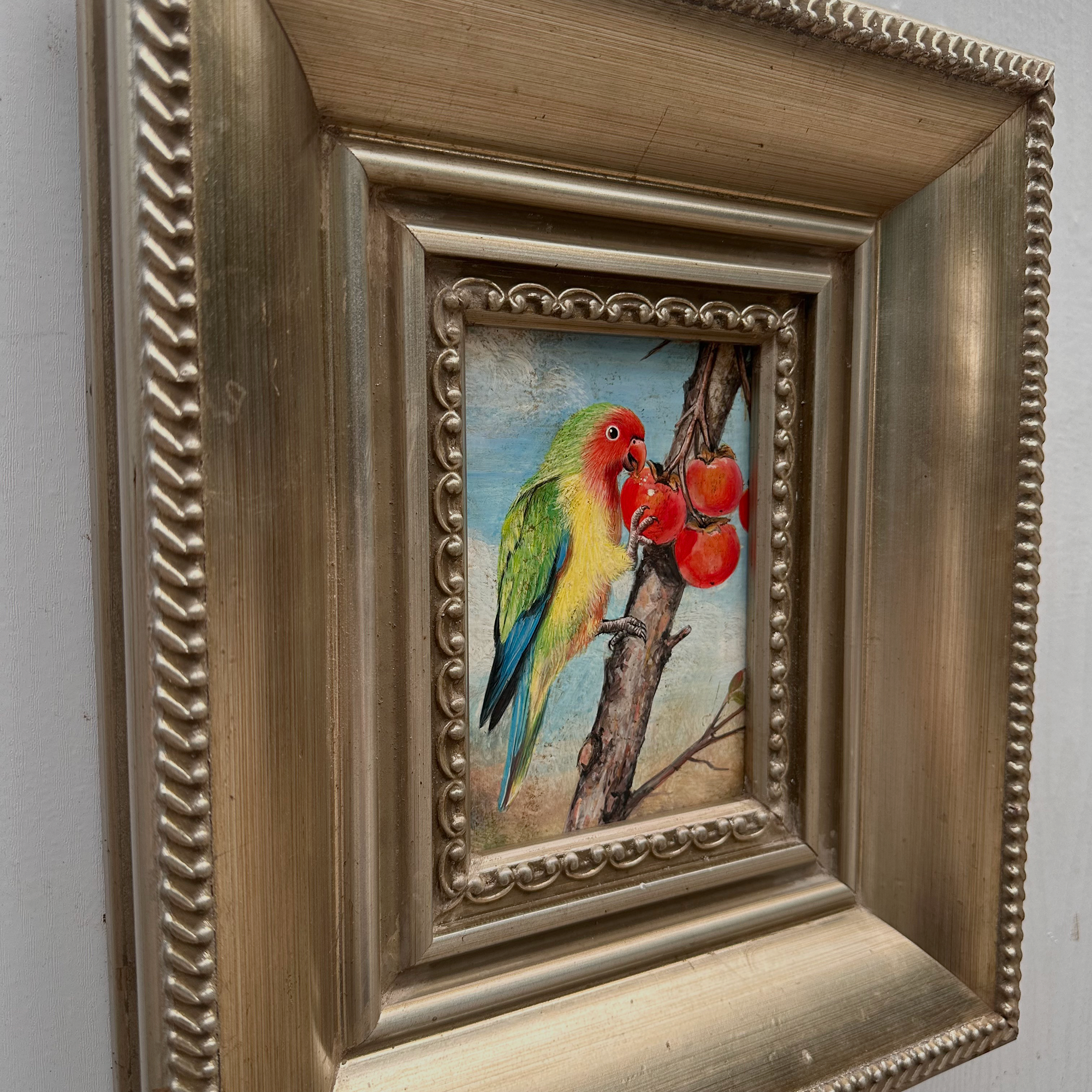 Original Hand Painted Parrot Artwork, Classical Bird Painting with Vintage Frame
