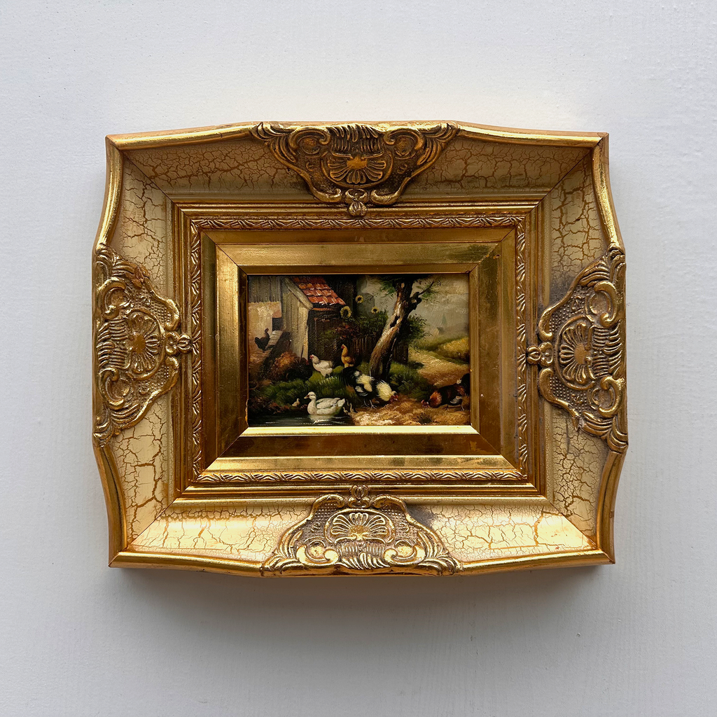 Original Vintage European Rural Poultry Oil Painting from the 1950s, Ornate Baroque Gilded Crackle Finish Frame Included