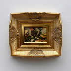 Original Vintage European Rural Poultry Oil Painting from the 1950s, Ornate Baroque Gilded Crackle Finish Frame Included
