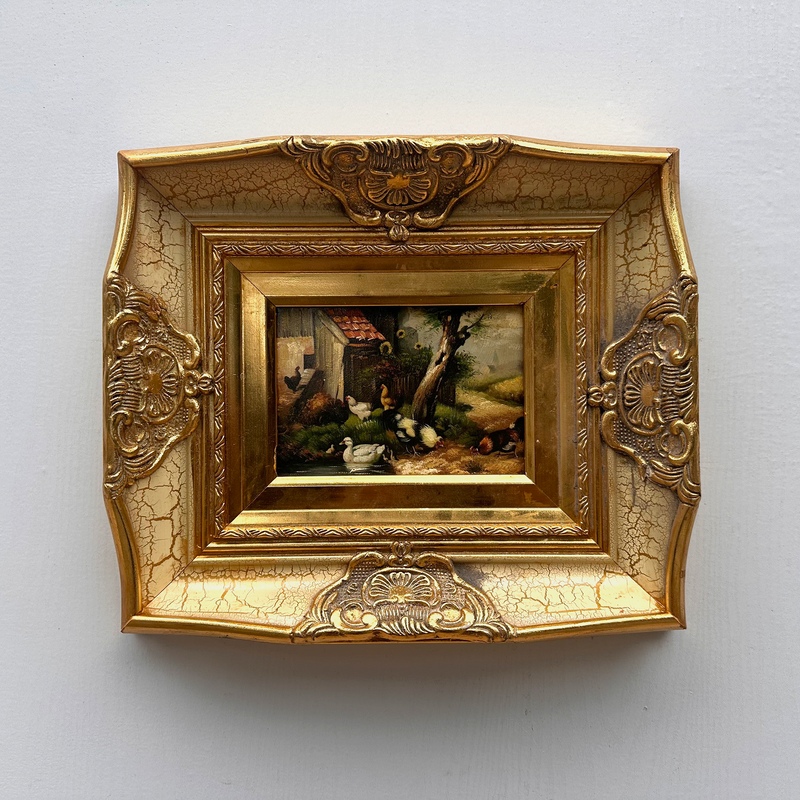Original Vintage European Rural Poultry Oil Painting from the 1950s, Ornate Baroque Gilded Crackle Finish Frame Included