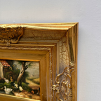 Original Vintage European Rural Poultry Oil Painting from the 1950s, Ornate Baroque Gilded Crackle Finish Frame Included