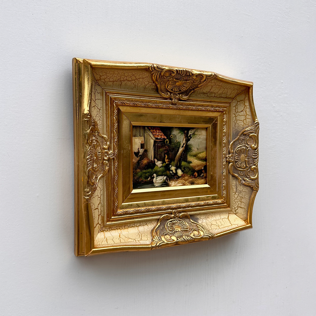 Original Vintage European Rural Poultry Oil Painting from the 1950s, Ornate Baroque Gilded Crackle Finish Frame Included
