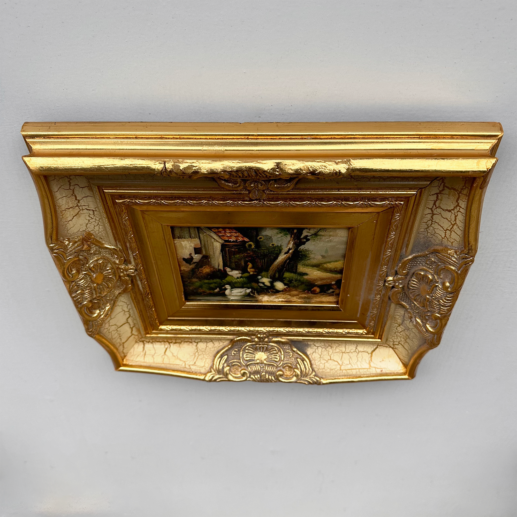Original Vintage European Rural Poultry Oil Painting from the 1950s, Ornate Baroque Gilded Crackle Finish Frame Included