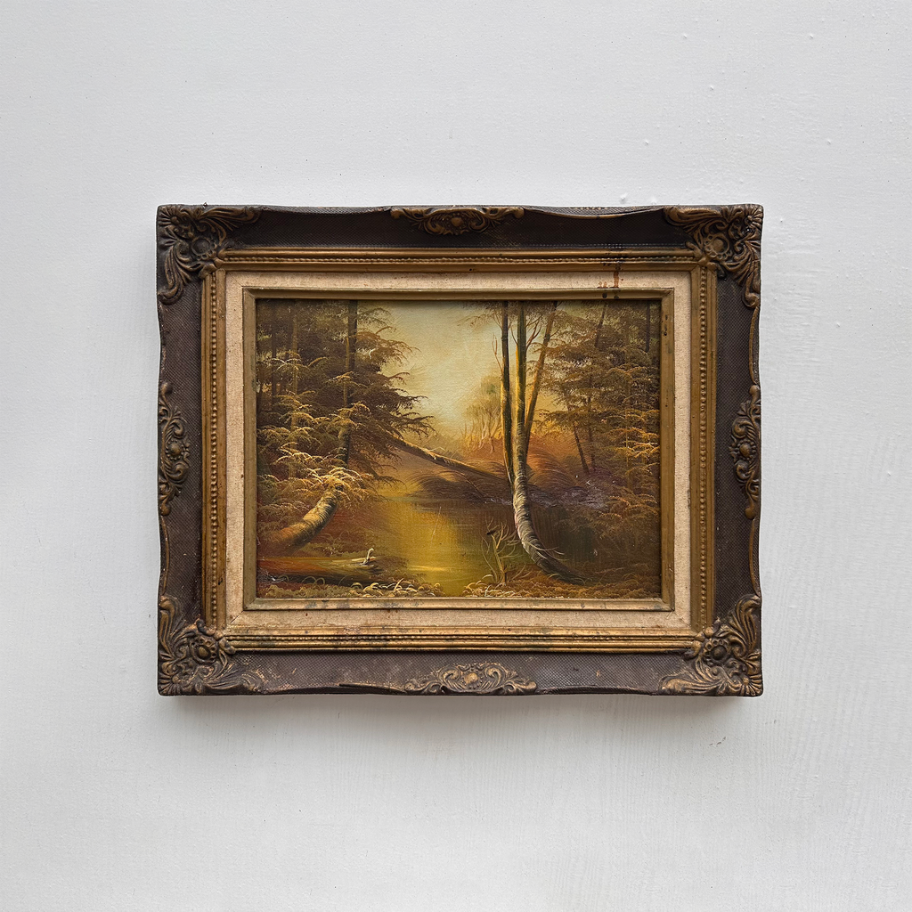 Original Oil Painting – Classical European Forest Stream Landscape, Hand-Painted on Wood Panel with Antique Ornate Baroque Solid Wood Frame