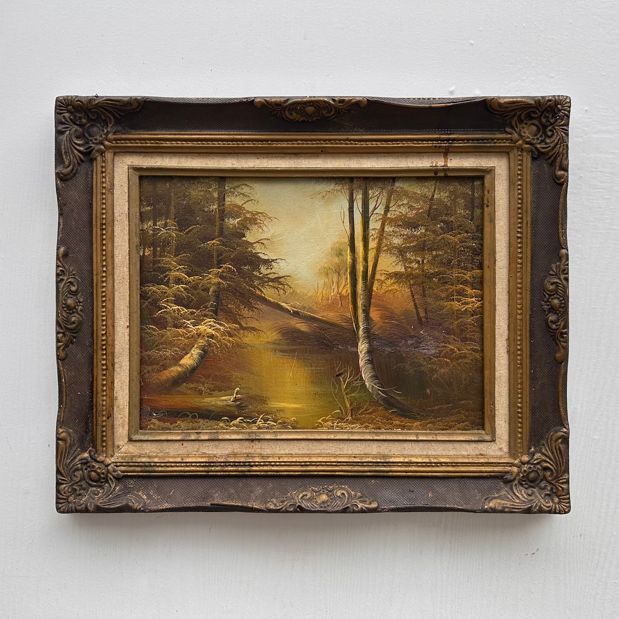 Original Oil Painting – Classical European Forest Stream Landscape, Hand-Painted on Wood Panel with Antique Ornate Baroque Solid Wood Frame