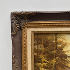 Original Oil Painting – Classical European Forest Stream Landscape, Hand-Painted on Wood Panel with Antique Ornate Baroque Solid Wood Frame