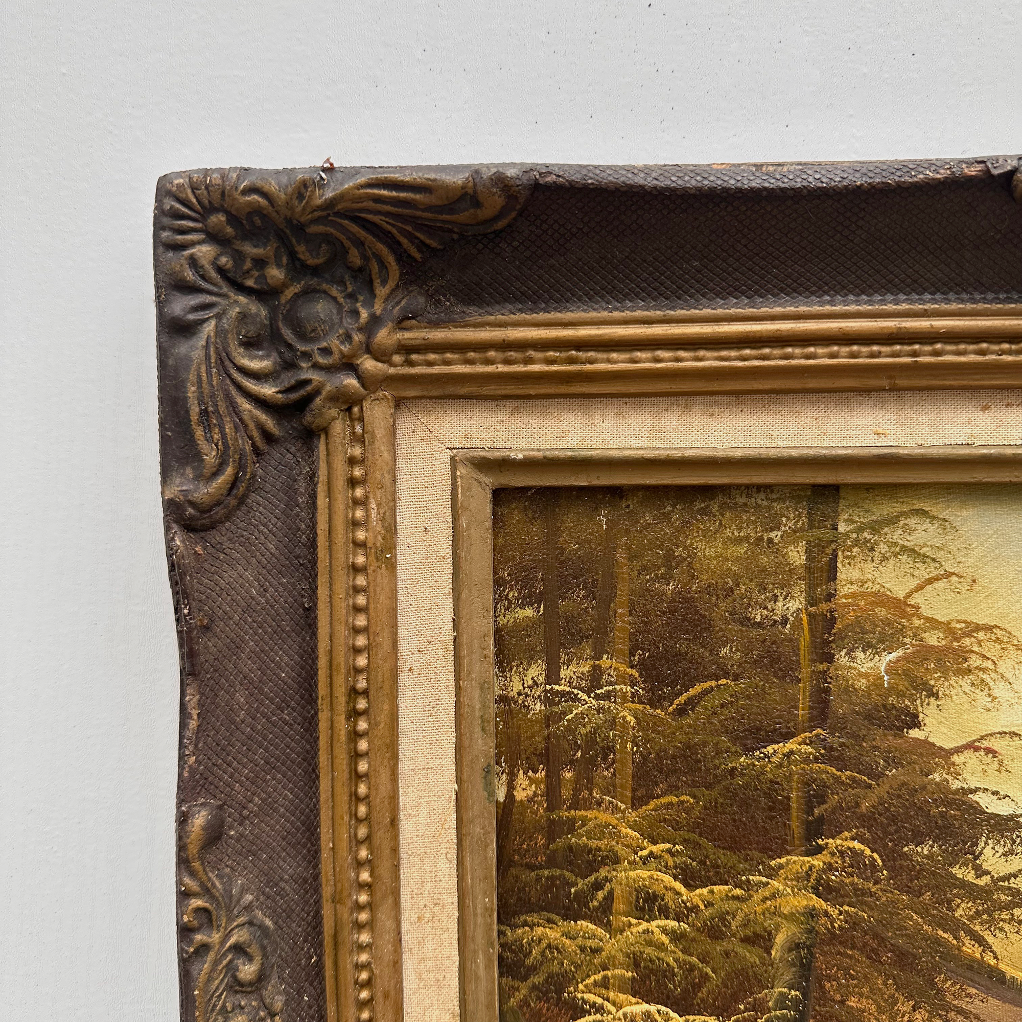 Original Oil Painting – Classical European Forest Stream Landscape, Hand-Painted on Wood Panel with Antique Ornate Baroque Solid Wood Frame