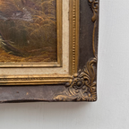 Original Oil Painting – Classical European Forest Stream Landscape, Hand-Painted on Wood Panel with Antique Ornate Baroque Solid Wood Frame
