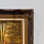 Original Oil Painting – Classical European Forest Stream Landscape, Hand-Painted on Wood Panel with Antique Ornate Baroque Solid Wood Frame