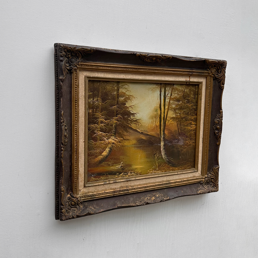 Original Oil Painting – Classical European Forest Stream Landscape, Hand-Painted on Wood Panel with Antique Ornate Baroque Solid Wood Frame
