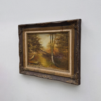 Original Oil Painting – Classical European Forest Stream Landscape, Hand-Painted on Wood Panel with Antique Ornate Baroque Solid Wood Frame