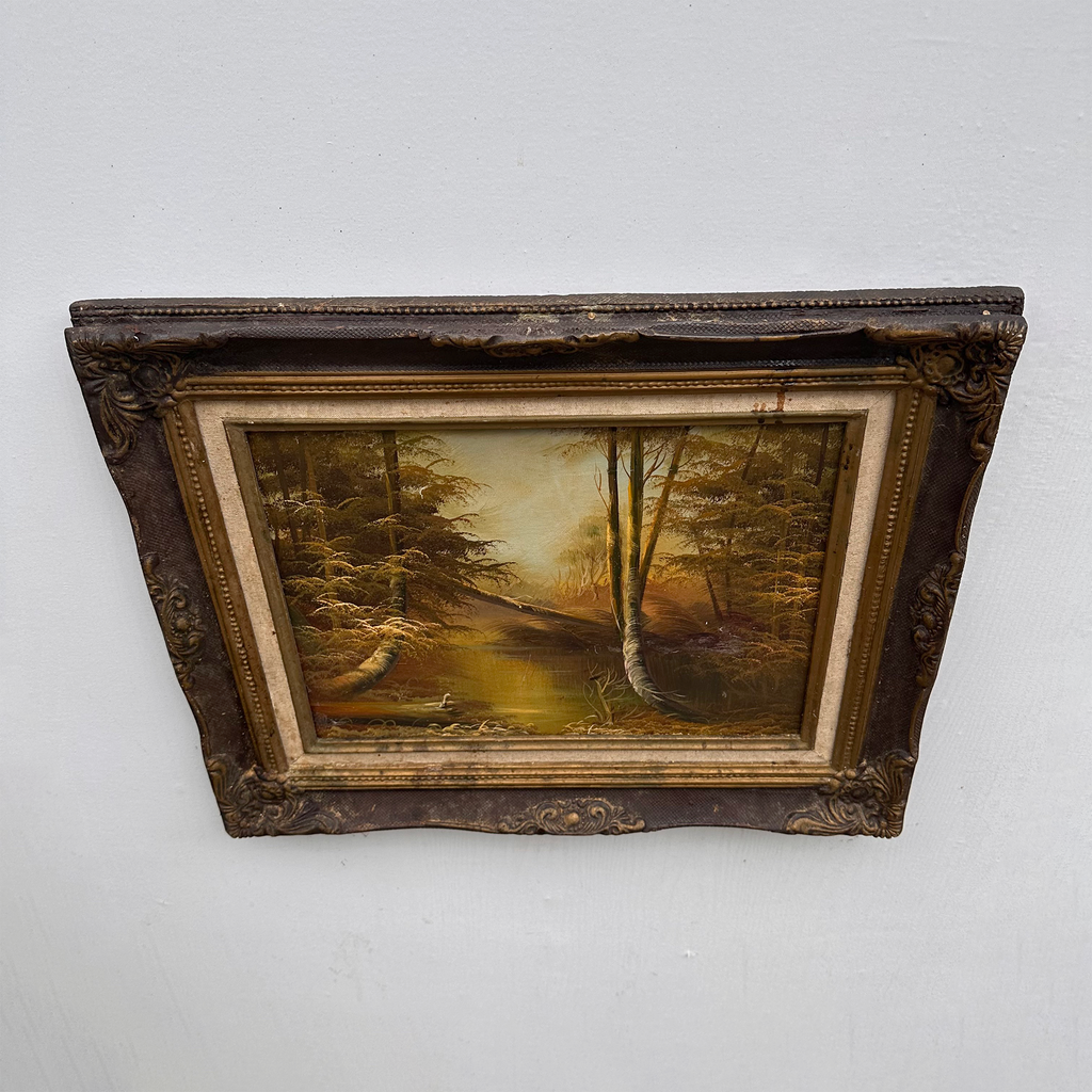 Original Oil Painting – Classical European Forest Stream Landscape, Hand-Painted on Wood Panel with Antique Ornate Baroque Solid Wood Frame