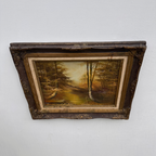 Original Oil Painting – Classical European Forest Stream Landscape, Hand-Painted on Wood Panel with Antique Ornate Baroque Solid Wood Frame