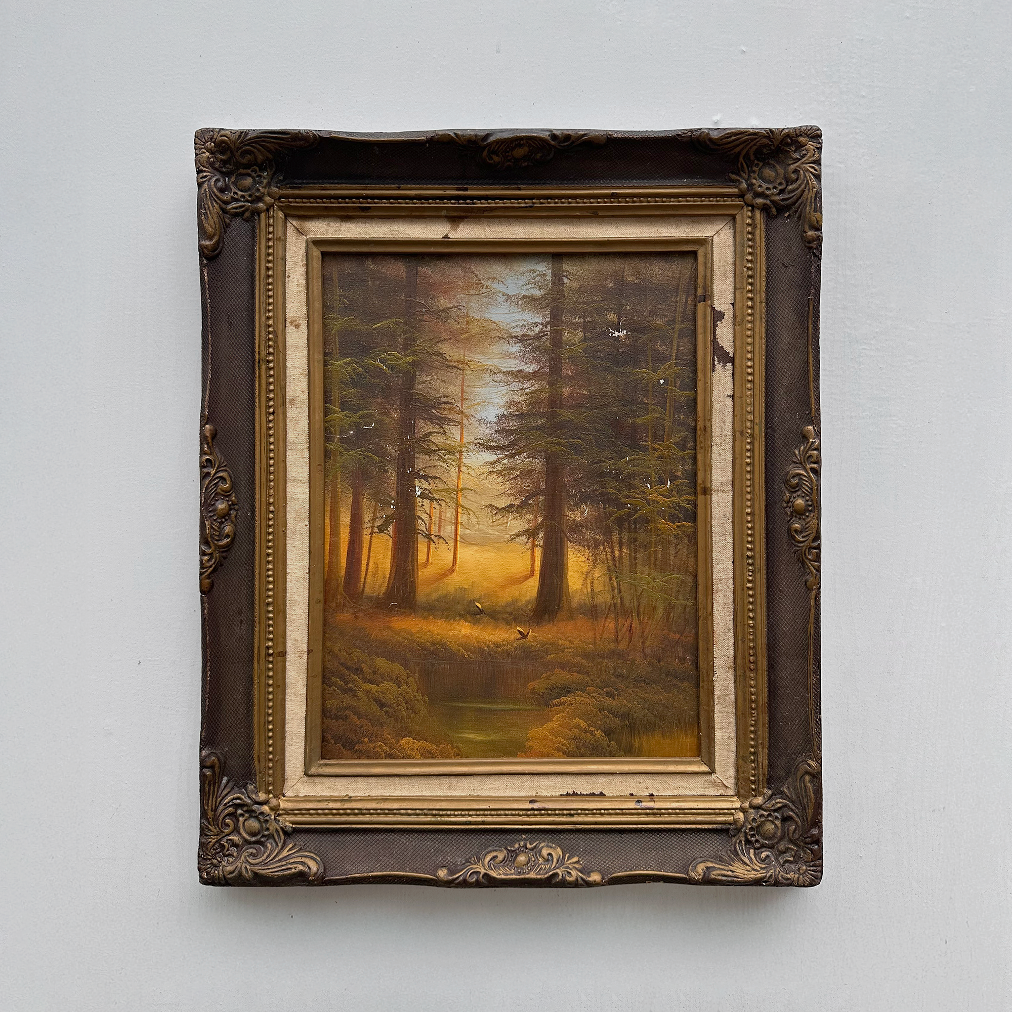 Vintage Woodland Landscape Painting, Hand Painted Forest Scene in Ornate Frame