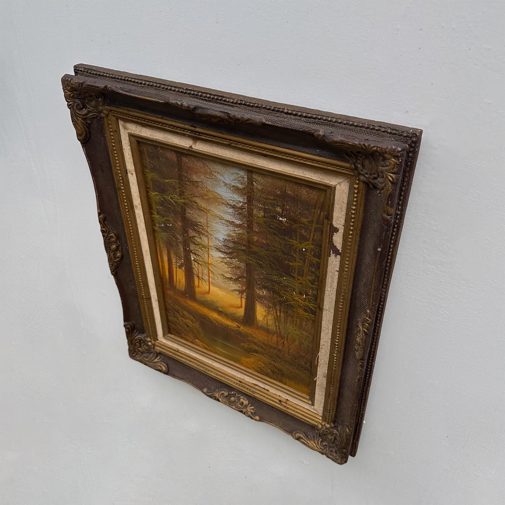 Vintage Woodland Landscape Painting, Hand Painted Forest Scene in Ornate Frame
