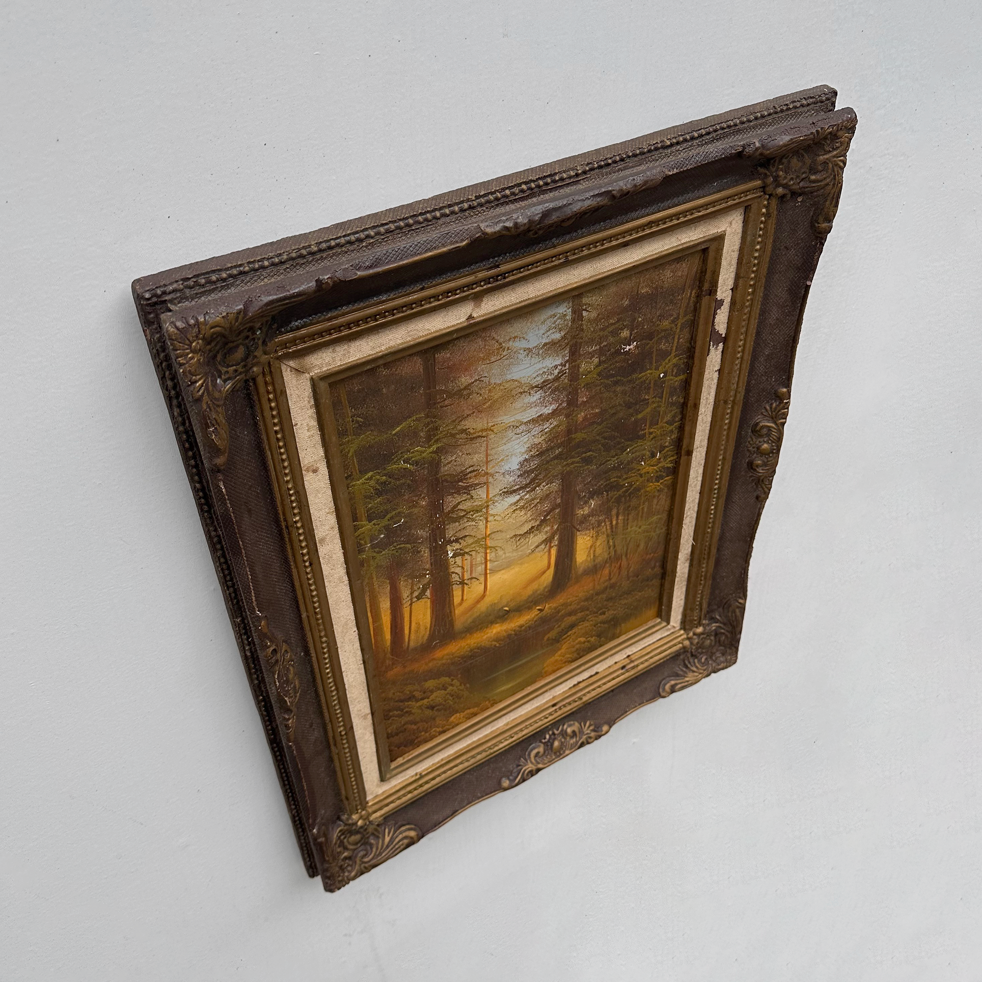 Vintage Woodland Landscape Painting, Hand Painted Forest Scene in Ornate Frame