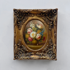 Original Rose Oil Painting, Oval Canvas with Ornate 3D Integrated Molding Baroque Gilded Frame