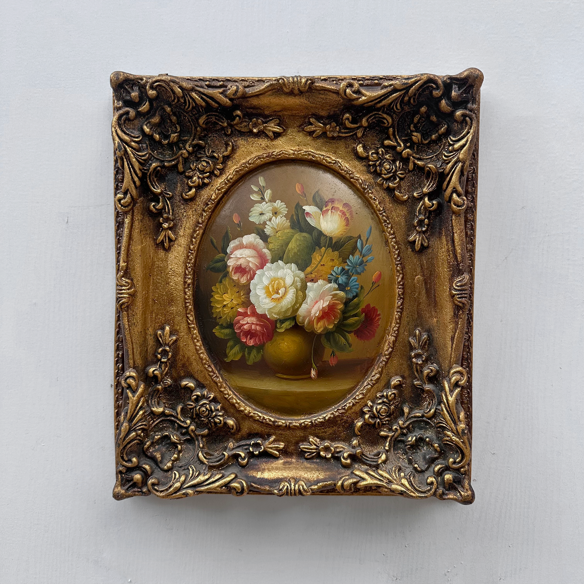 Original Rose Oil Painting, Oval Canvas with Ornate 3D Integrated Molding Baroque Gilded Frame