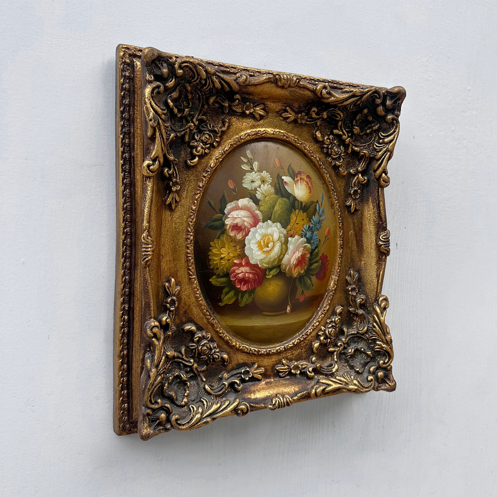 Original Rose Oil Painting, Oval Canvas with Ornate 3D Integrated Molding Baroque Gilded Frame