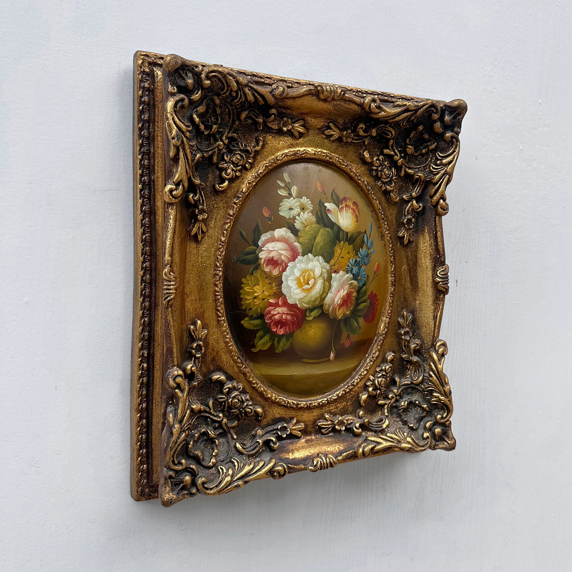 Original Rose Oil Painting, Oval Canvas with Ornate 3D Integrated Molding Baroque Gilded Frame