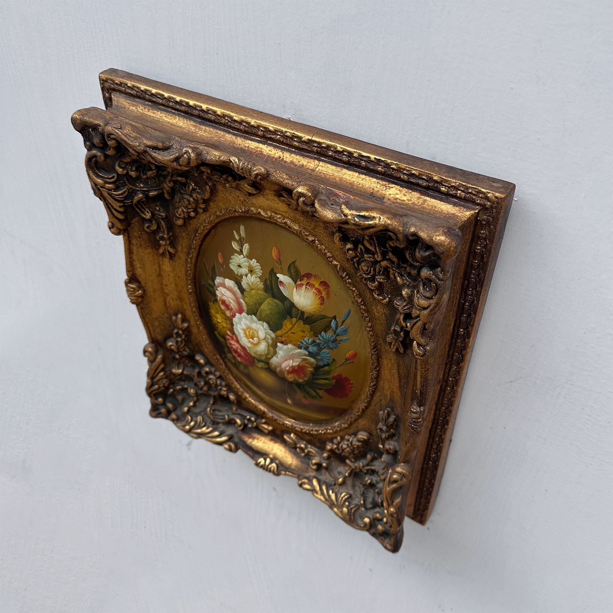 Original Rose Oil Painting, Oval Canvas with Ornate 3D Integrated Molding Baroque Gilded Frame