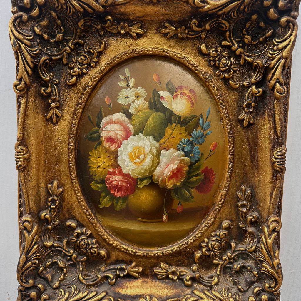Original Rose Oil Painting, Oval Canvas with Ornate 3D Integrated Molding Baroque Gilded Frame