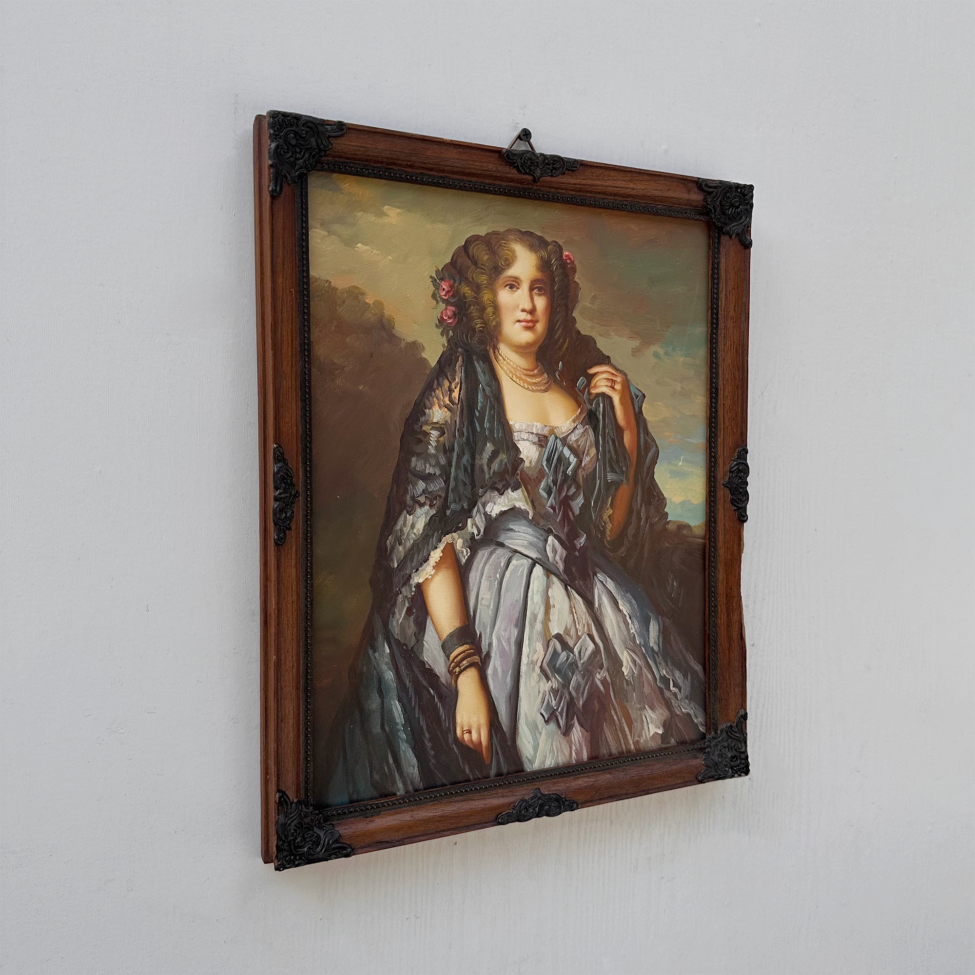 Vintage Lady Portrait Hand-Painted Oil Painting | European Noblewoman Art | Solid Wood Frame 32x39cm
