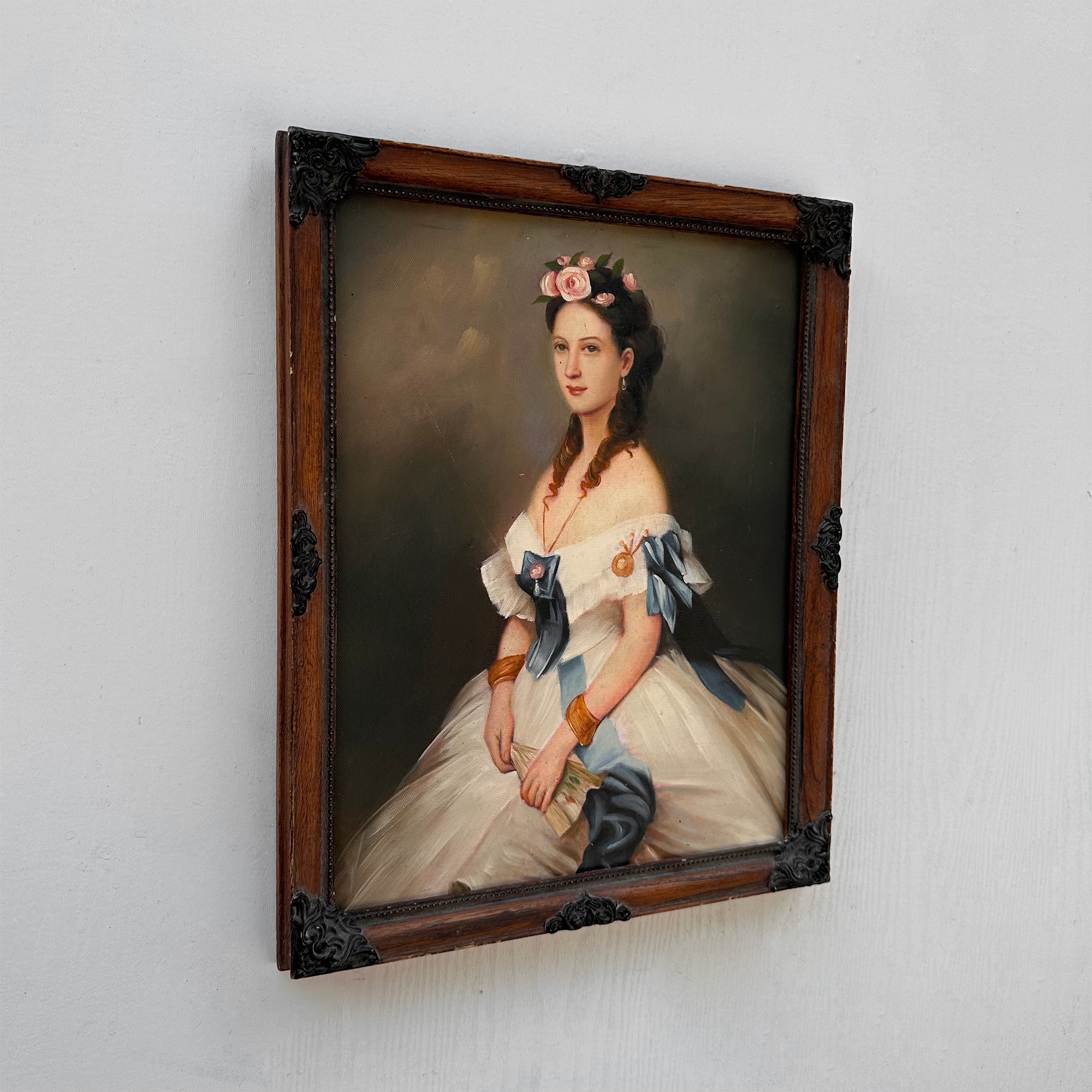 Vintage Victorian Lady Hand-Painted Oil Painting | Romantic Female Portrait Theme | Solid Wood Carved Frame 32x39cm