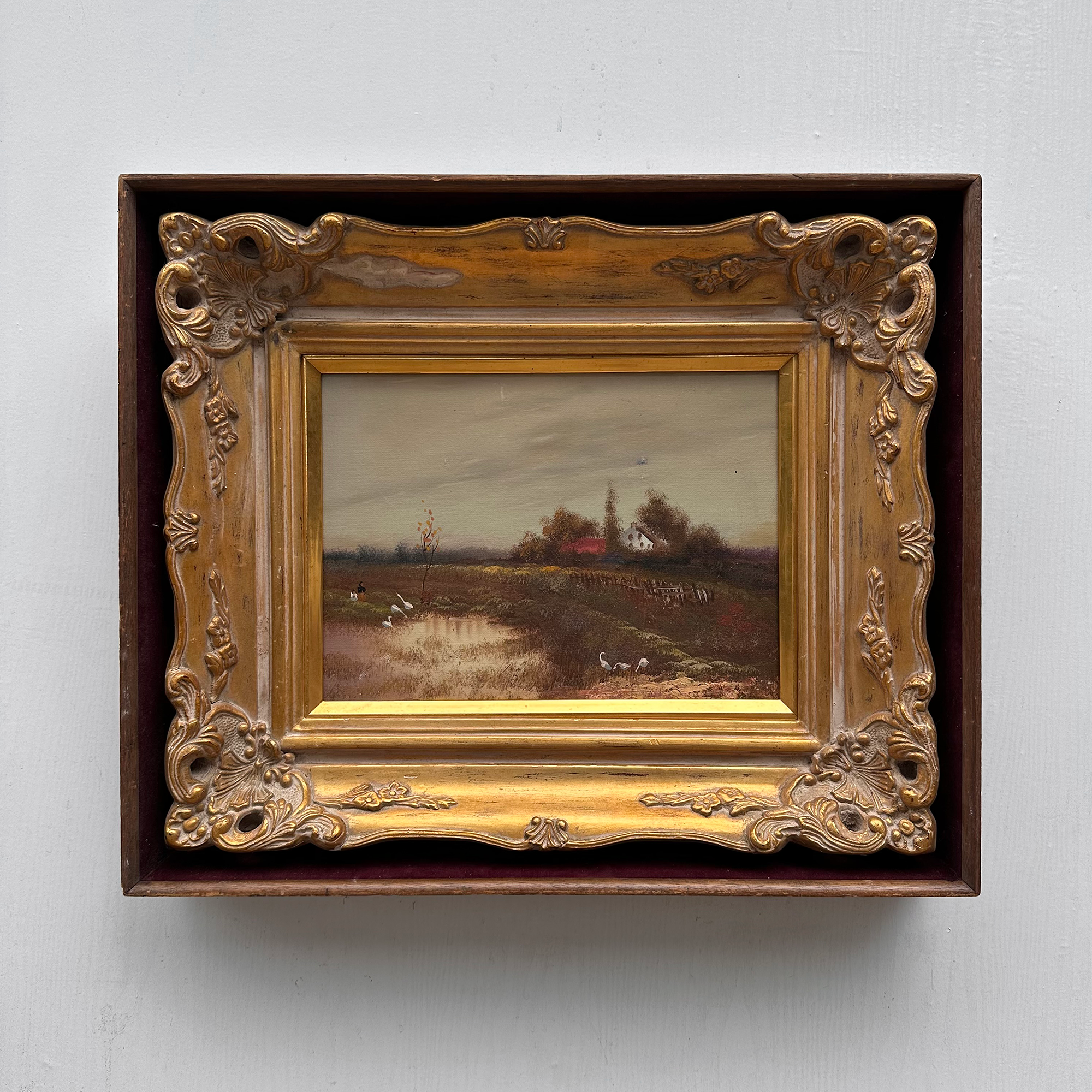 Original Barbizon Style Moody Landscape Hand-Painted Oil Painting in Burgundy Velvet Shadow Box with Scalloped Gold Frame