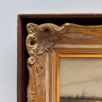 Original Barbizon Style Moody Landscape Hand-Painted Oil Painting in Burgundy Velvet Shadow Box with Scalloped Gold Frame