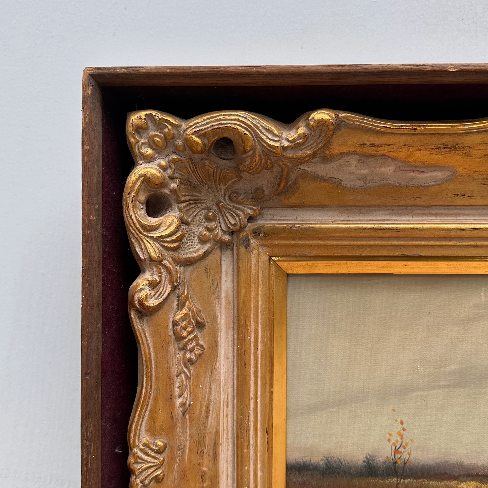 Original Barbizon Style Moody Landscape Hand-Painted Oil Painting in Burgundy Velvet Shadow Box with Scalloped Gold Frame