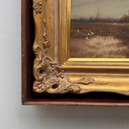Original Barbizon Style Moody Landscape Hand-Painted Oil Painting in Burgundy Velvet Shadow Box with Scalloped Gold Frame