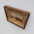 Original Barbizon Style Moody Landscape Hand-Painted Oil Painting in Burgundy Velvet Shadow Box with Scalloped Gold Frame