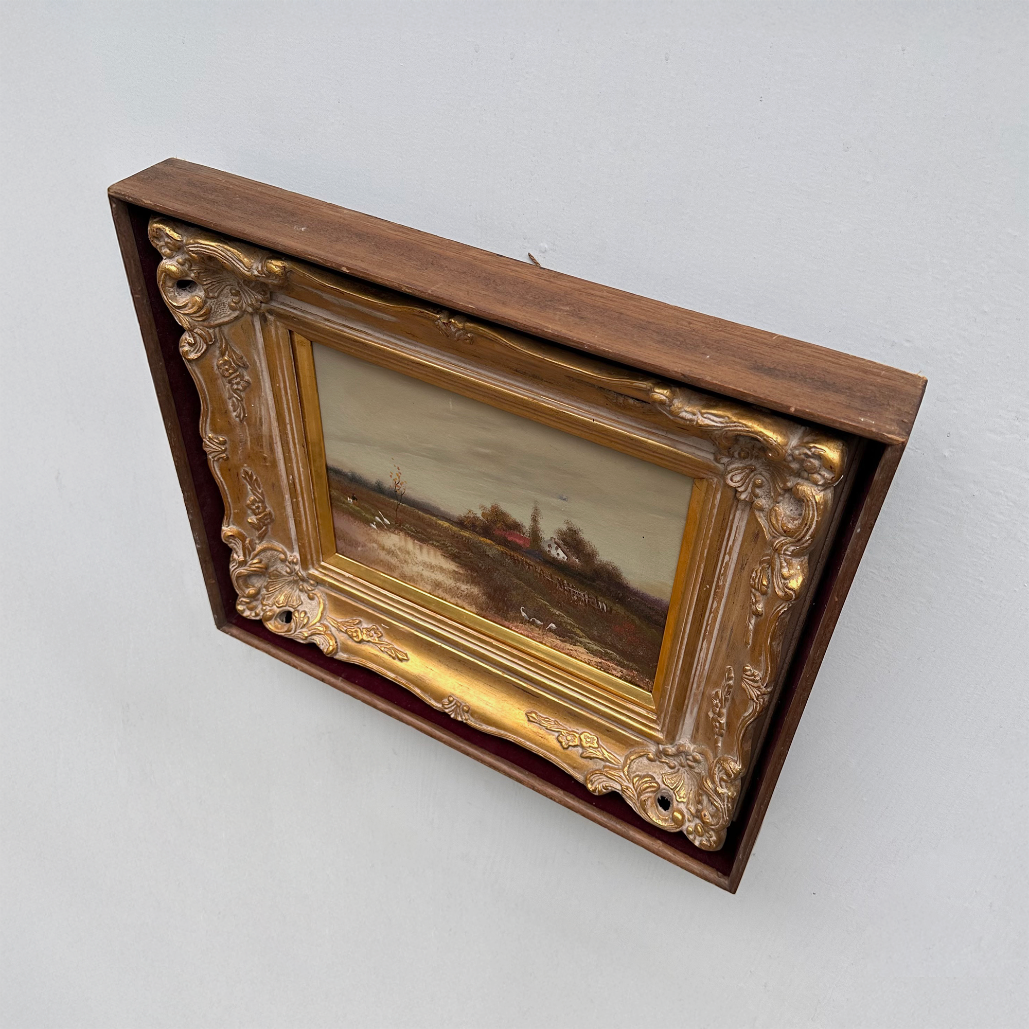 Original Barbizon Style Moody Landscape Hand-Painted Oil Painting in Burgundy Velvet Shadow Box with Scalloped Gold Frame