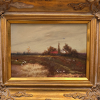 Original Barbizon Style Moody Landscape Hand-Painted Oil Painting in Burgundy Velvet Shadow Box with Scalloped Gold Frame