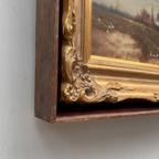 Original Barbizon Style Moody Landscape Hand-Painted Oil Painting in Burgundy Velvet Shadow Box with Scalloped Gold Frame