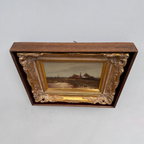 Original Barbizon Style Moody Landscape Hand-Painted Oil Painting in Burgundy Velvet Shadow Box with Scalloped Gold Frame