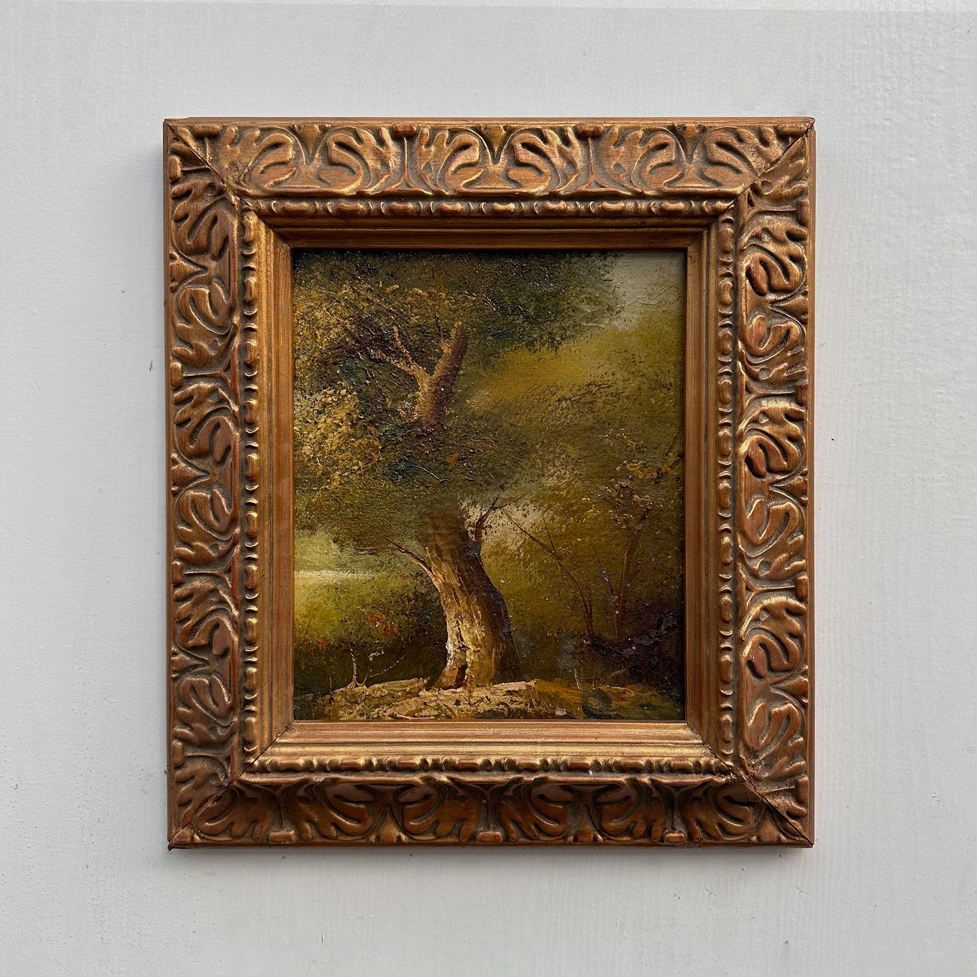 Original Hand-Painted Vintage Forest Landscape Oil Painting, Ornately Carved Solid Wood Frame, One-of-a-Kind Art Collectible