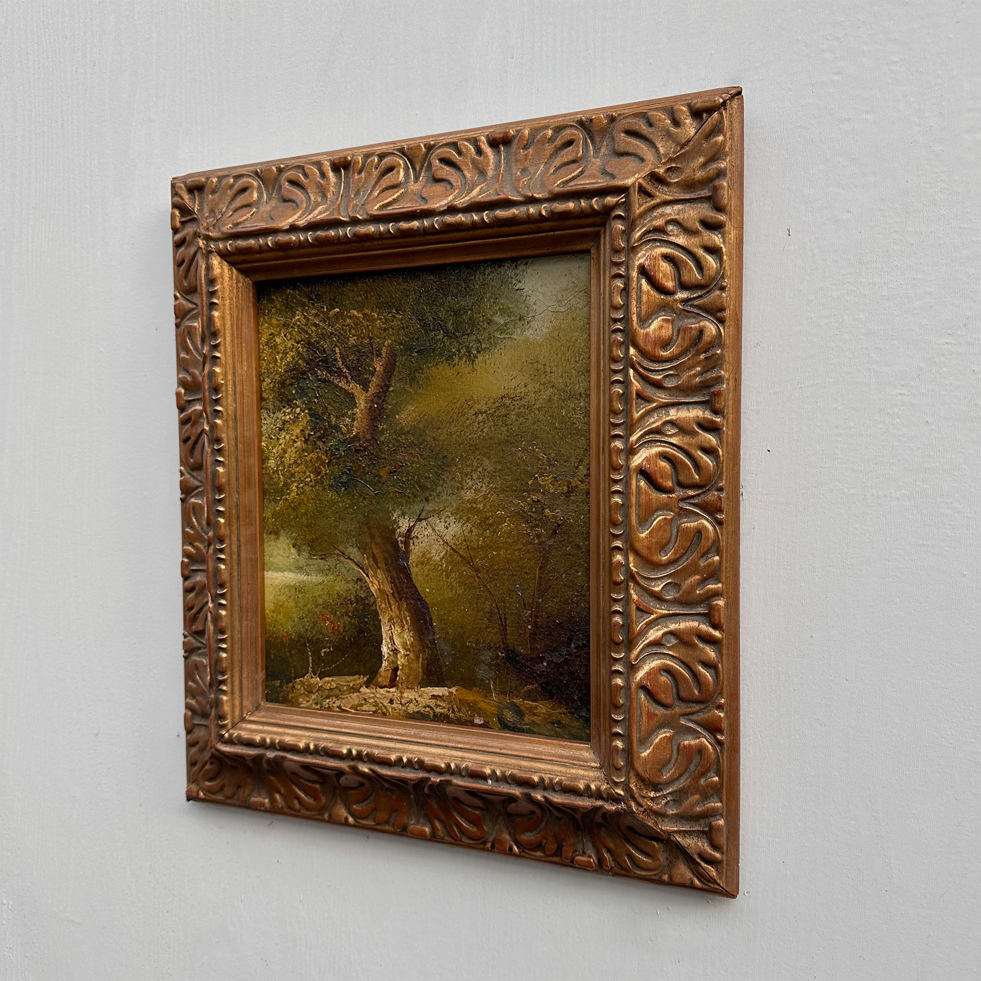 Original Hand-Painted Vintage Forest Landscape Oil Painting, Ornately Carved Solid Wood Frame, One-of-a-Kind Art Collectible