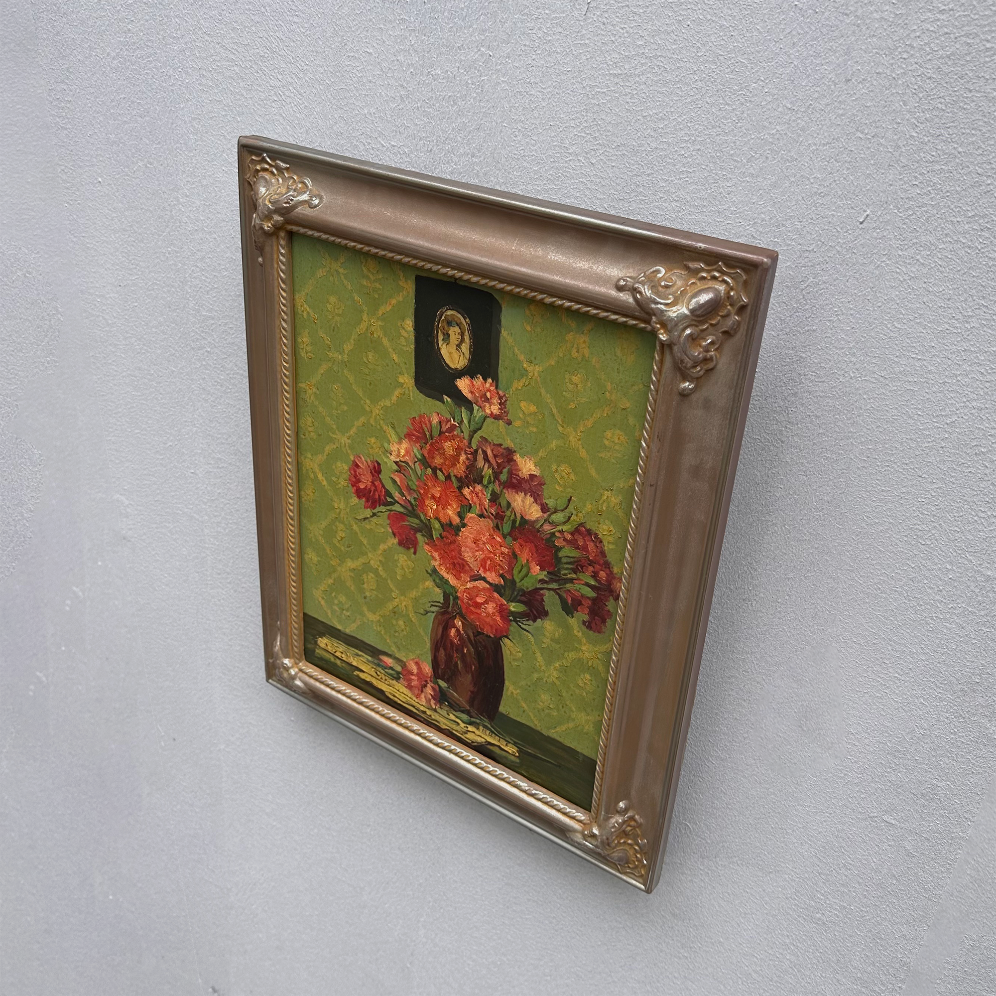 Original Hand-Painted French Vintage Carnation Still Life Oil Painting, 40x49cm